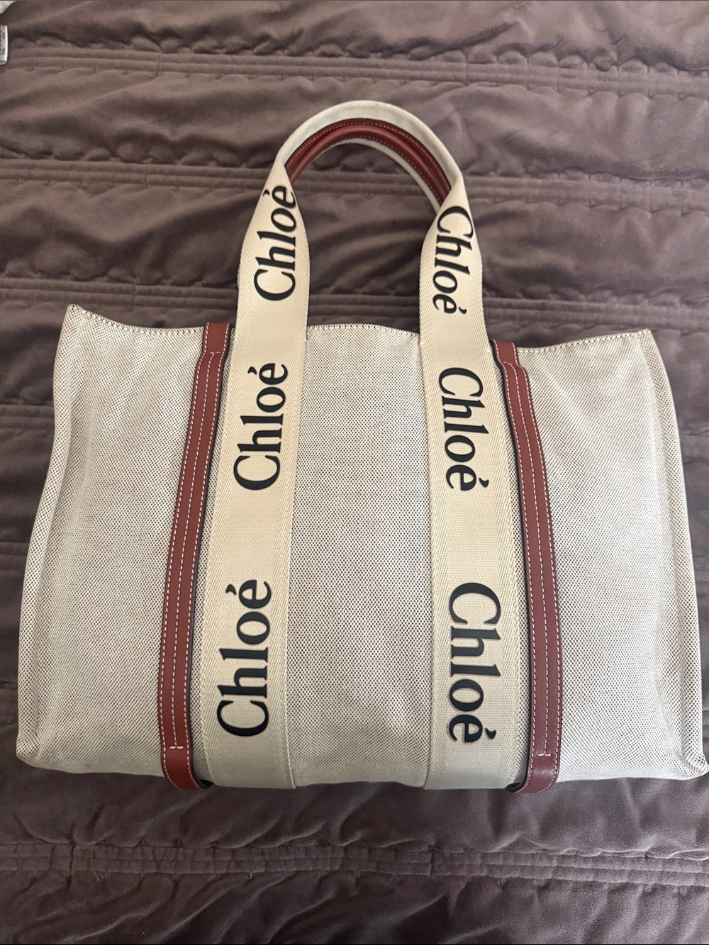 Authentic Chloe woody Canvas Tote Bag in Beige with Brown Trim